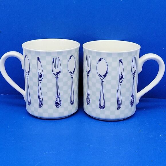 Epoch Indonesia Knife & fork Teal Checkerboard Mugs set of 2 - Picture 1 of 11